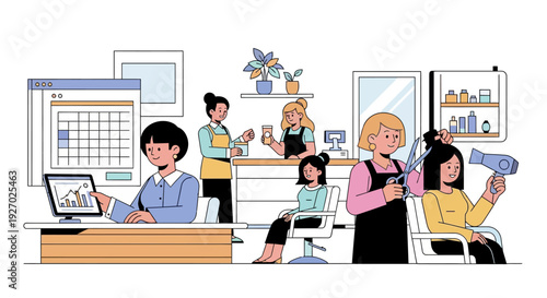 Diverse group of women working in a salon and office setting.