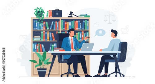 Lawyer consulting with client in office setting.