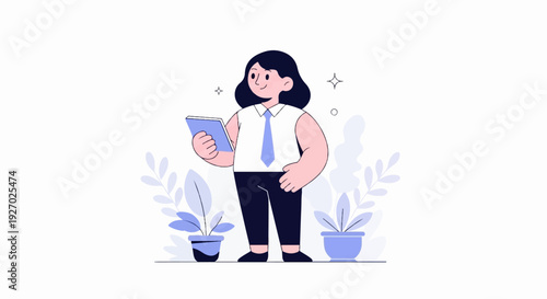 A stylized woman in business attire stands holding a tablet amidst potted plants