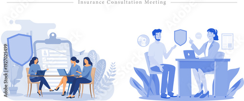 Insurance Consultation Meeting With Clients And Advisor Reviewing Policy And Shield Protection