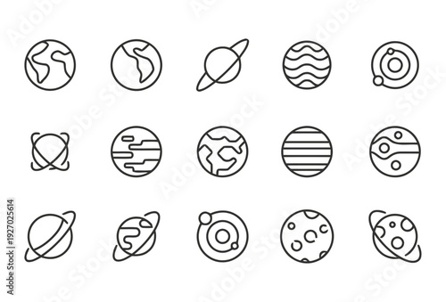 Fifteen outline icons representing planets and celestial bodies in solar system and galaxies with rings and orbits on white background vector illustration