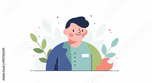 A cheerful cartoon man with dark hair and rosy cheeks, wearing a blue and green shirt, smiles amidst stylized foliage