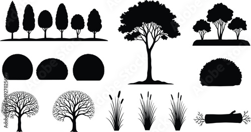 Landscape elements silhouettes collection with trees bushes grass and shrubs, black garden and park nature objects isolated on white