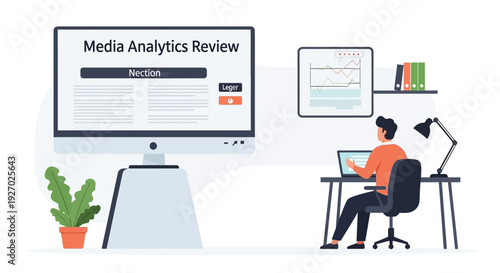 Man Working on Media Analytics Review on Computer Screen.