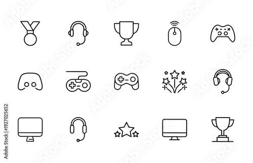 Gaming icons: medal, headphones, trophy, mouse, joystick, gamepad, computer, stars, fireworks. Digital entertainment, esports, competition, victory symbols, clean design.