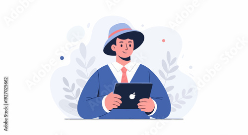 Flat illustration of a person in a hat holding a tablet, surrounded by abstract shapes and leaves