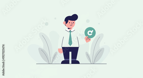 A smiling man in a suit holds a green circle with a symbol