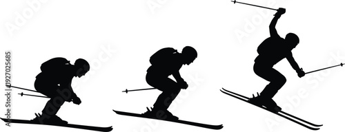 Alpine skiing action silhouette, skier jumping downhill with poles, winter sport motion sequence, extreme adventure concept isolated on white background