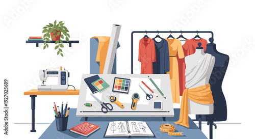 Fashion Design Studio Workspace with Sewing Machine and Mannequin.