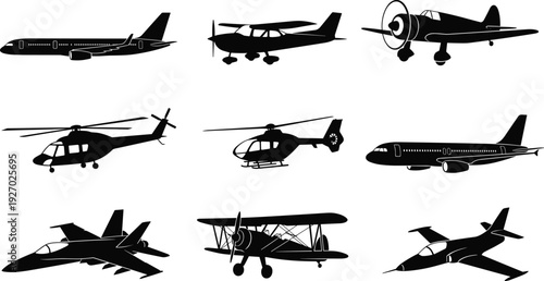Aircraft silhouette collection, airplanes and helicopters set including jet, propeller, biplane and transport aviation icons isolated vector
