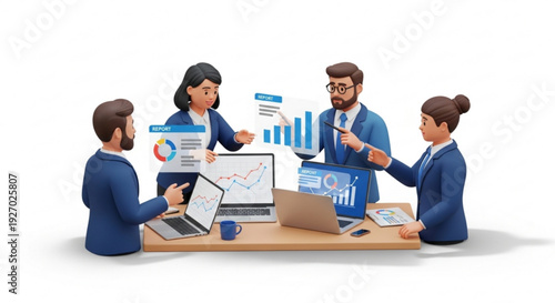 Business team analyzing data and reports in modern office setting