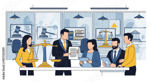 Lawyers and clients in a modern office discussing legal matters.