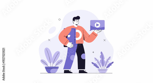 Flat illustration of a person holding a tablet and a chat bubble with a play icon
