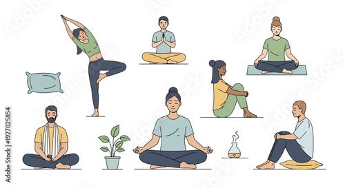 Diverse Group of People Practicing Yoga and Meditation.