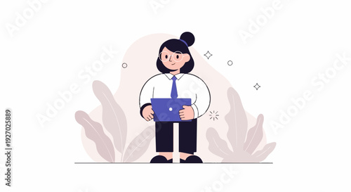Stylized person in business attire holds a laptop amidst abstract plant shapes and gentle sparkles