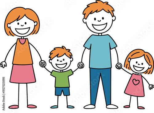 Happy family with parents and children holding hands cartoon vector illustration for love togetherness parenting concept