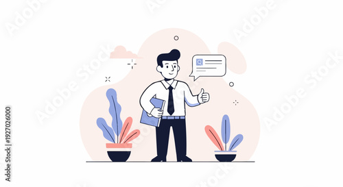 Cheerful man in suit with folder and thumbs up, near potted plants