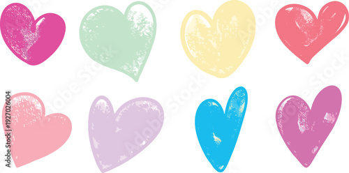 Pastel Glossy Heart Shapes Set, Cute Hand Drawn Doodle Love Clipart Collection, Colorful Shiny Romantic Valentine Style PNG Isolated on Transparent Background