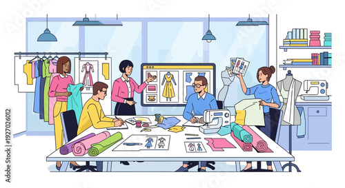 Fashion designers collaborating in a modern studio environment.