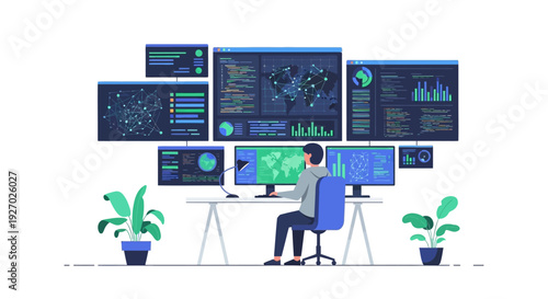 Man working on multiple computer screens in a modern office.