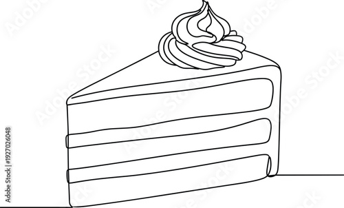 Continuous one line drawing of cake slice with cream topping minimalist dessert vector illustration isolated on white background