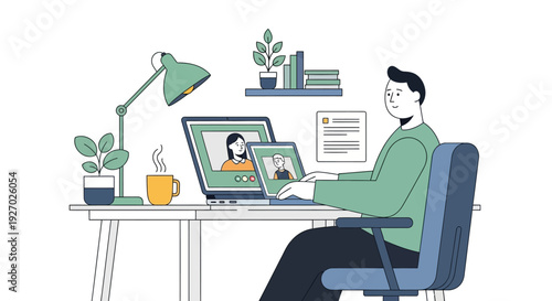 Man working remotely on laptop computer at home office desk.