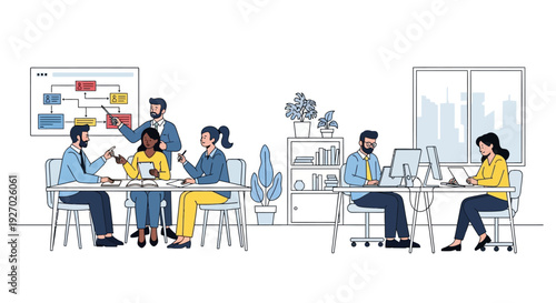 Diverse team collaborating in a modern office meeting room.