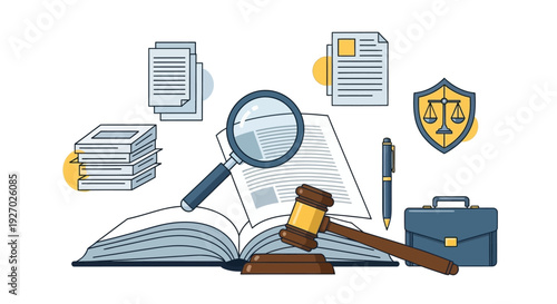 Legal Research and Justice Concepts Illustrated.