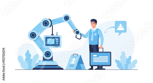 Man working with robotic arm and computer screen.