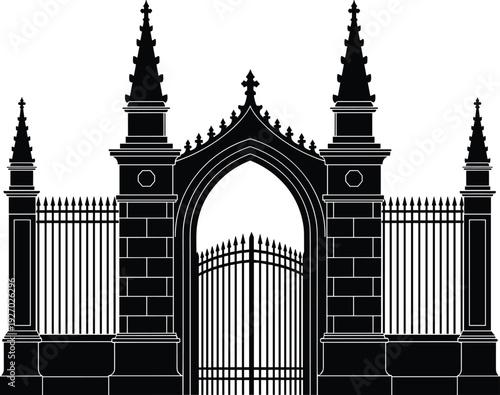 Gothic Cemetery Gate Silhouette Isolated on White Background Featuring Ornate Pointed Arches Wrought Iron Fencing and Victorian Style