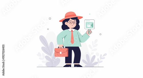 A smiling person in a hat holds a briefcase and a clipboard with a checkmark