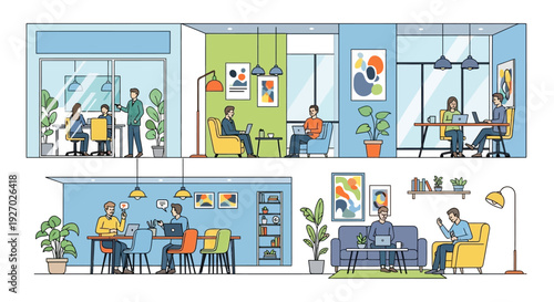 Diverse group of people working and relaxing in a modern co-working space.