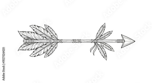 Vintage arrow with feathers and pointed tip  ancient weapon illustration