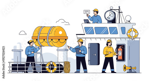 Maritime Crew Inspecting Safety Equipment on Ship Deck.
