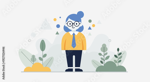 A cheerful person in business attire stands amidst stylized plants and geometric shapes