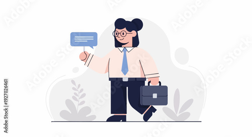 Animated professional person with briefcase and speech bubble