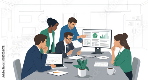 Diverse team collaborating on business strategy with data analysis.