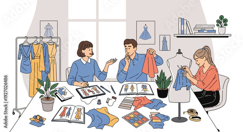 Fashion designers collaborating on new clothing collection.