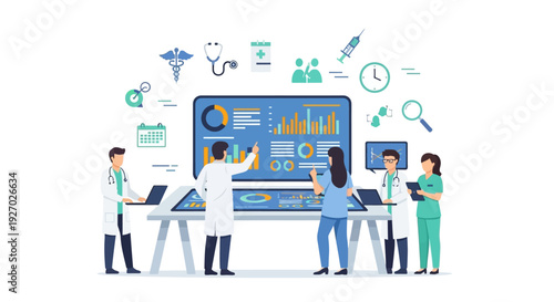 Medical Professionals Analyzing Digital Health Data on Futuristic Interface.
