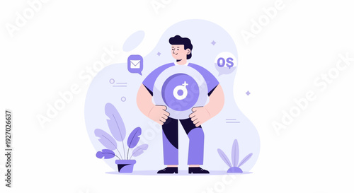 Confident person holding target symbol with female icon and dollar sign nearby