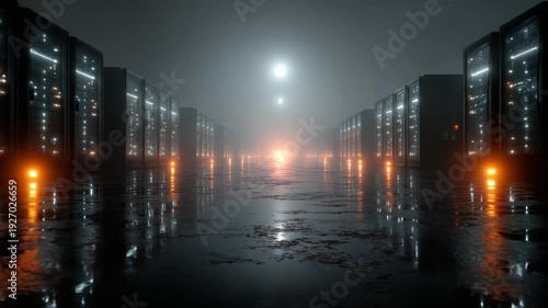 Futuristic data center with glowing servers at night