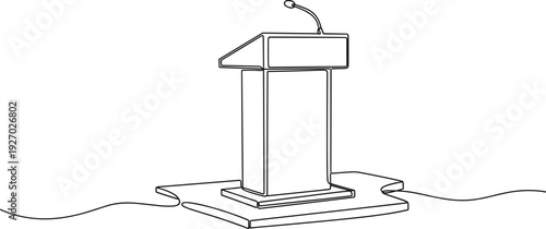 Continuous one line drawing of podium with microphone minimalist conference speech tribune vector illustration isolated on white background