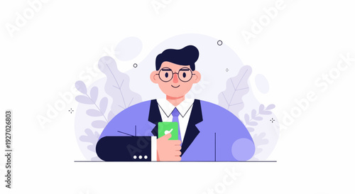 Cheerful professional man in suit holding phone with green screen and checkmark