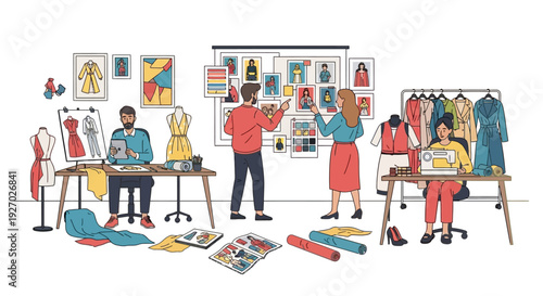 Fashion designers working together in a creative studio environment.