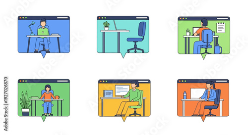 Diverse people working remotely in online video calls.