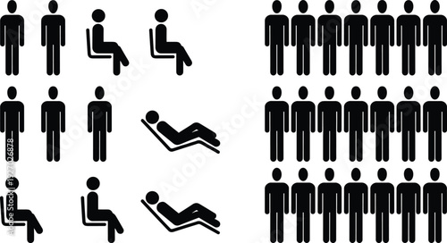 People pictogram icons collection, standing sitting and lying human figures, population infographic symbols, minimal stick person illustration set