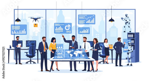 Diverse team collaborating in a futuristic technology office environment.