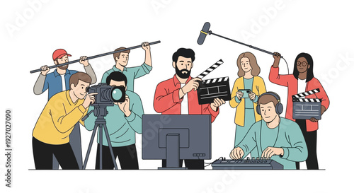 Filmmaking Crew Working Together on Set.