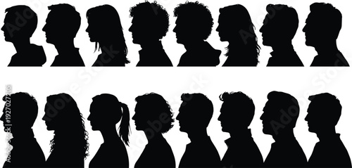 People profile silhouettes collection, men and women side view faces, diverse human head shapes, identity and anonymity concept, black portrait illustration set