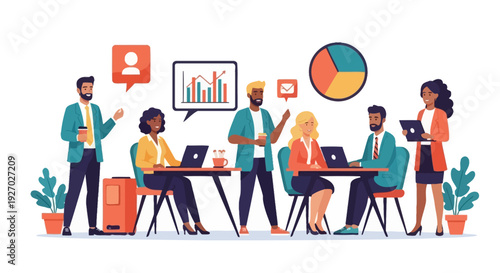 Diverse team collaborating in modern office setting.